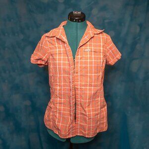 Columbia Sportswear Orange Plaid Short Sleeve Vented Hiking Shirt Size Small